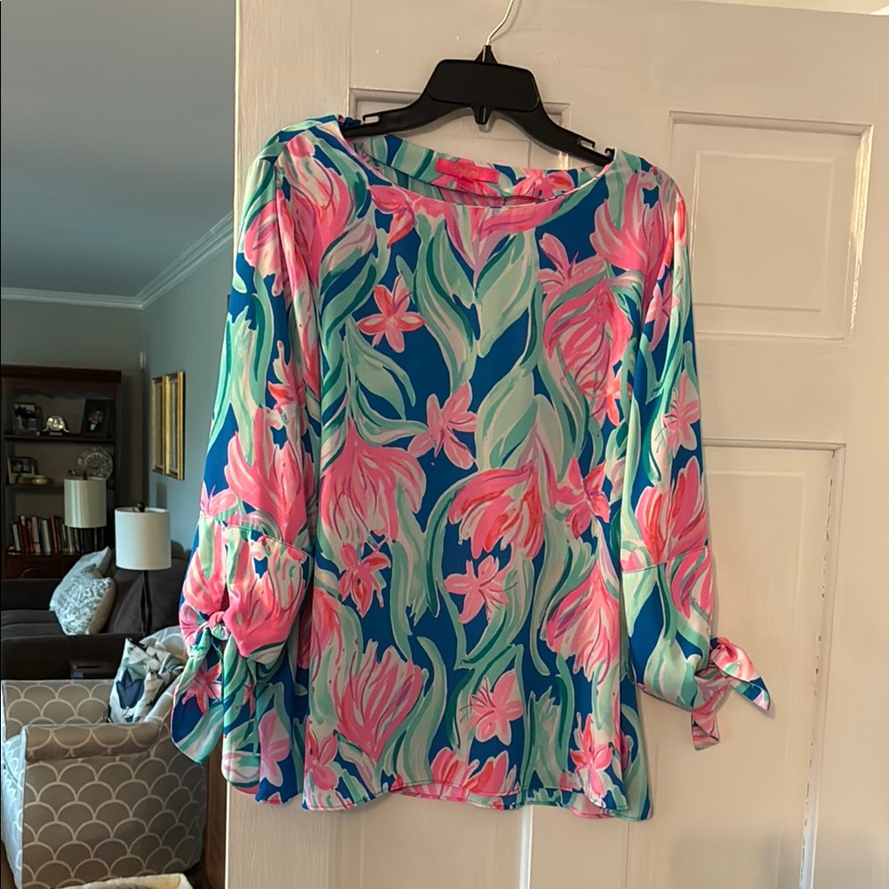 Lilly Pulitzer Pink and Green Tie Sleeve Blouse